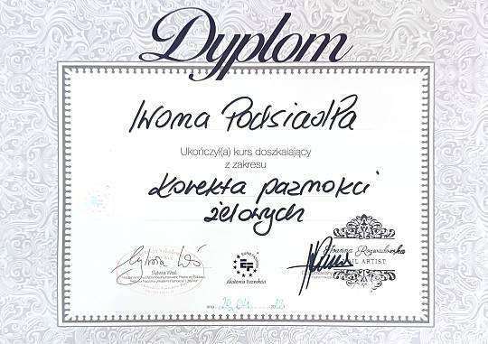 Grafika Dyplom za kurs doszkalający z zakresu Korekta paznokci żelowych