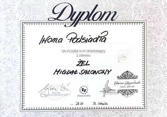 Grafika Dyplom za kurs doszkalający z zakresu Żel Migdał Salonowy
