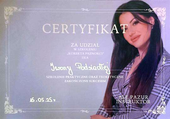 Grafika Certyfikat za udział w szkoleniu "Korekta paznokci"
